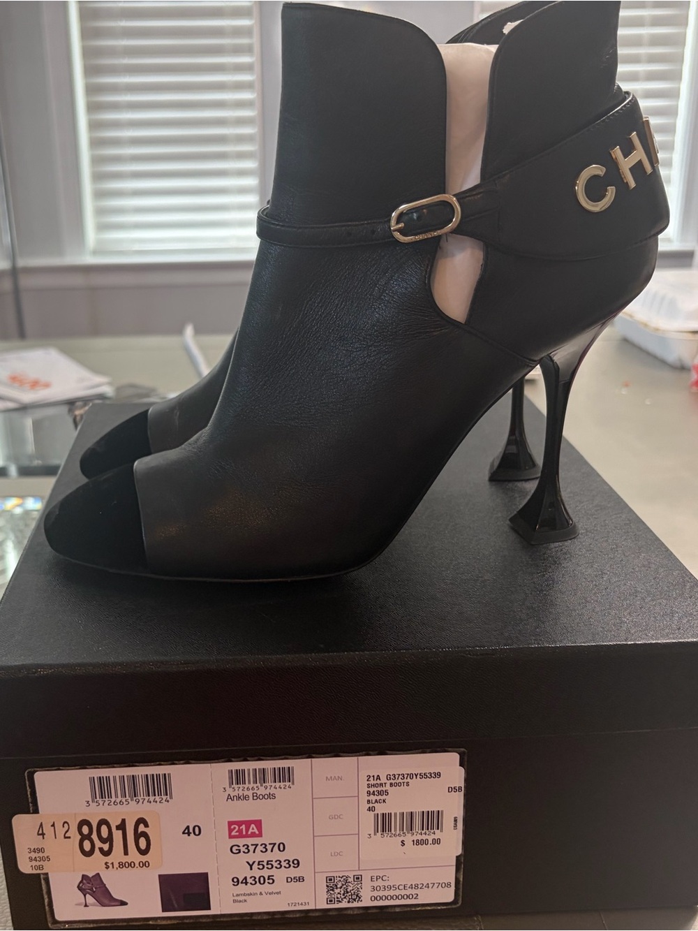 CHANEL BLACK GRAINED LEATHER OPEN TOE ANKLE BOOTIES GOLD LOGO MARY JANE